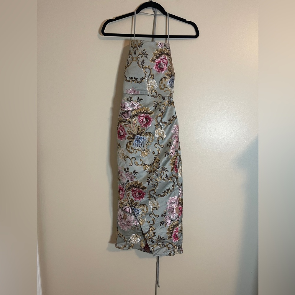 Cocktail Dress Womens M Mint Damask Soft Brocade Floral Renaissance Regal Midi